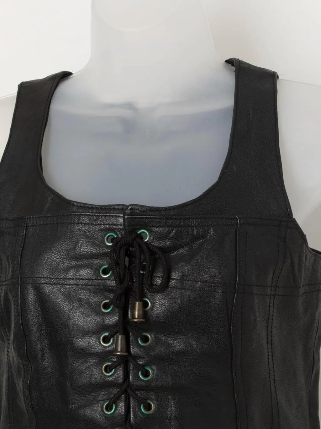 80s vintage black leather lace up vest with zip up back – Medium