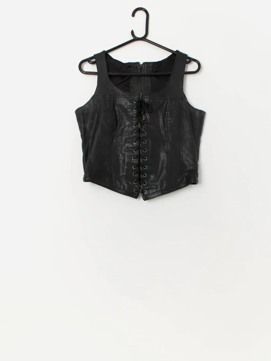 80s vintage black leather lace up vest with zip up back – Medium