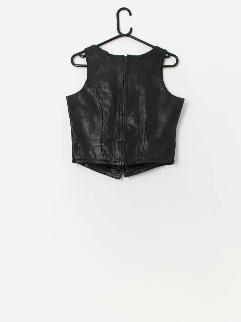 80s vintage black leather lace up vest with zip up back – Medium