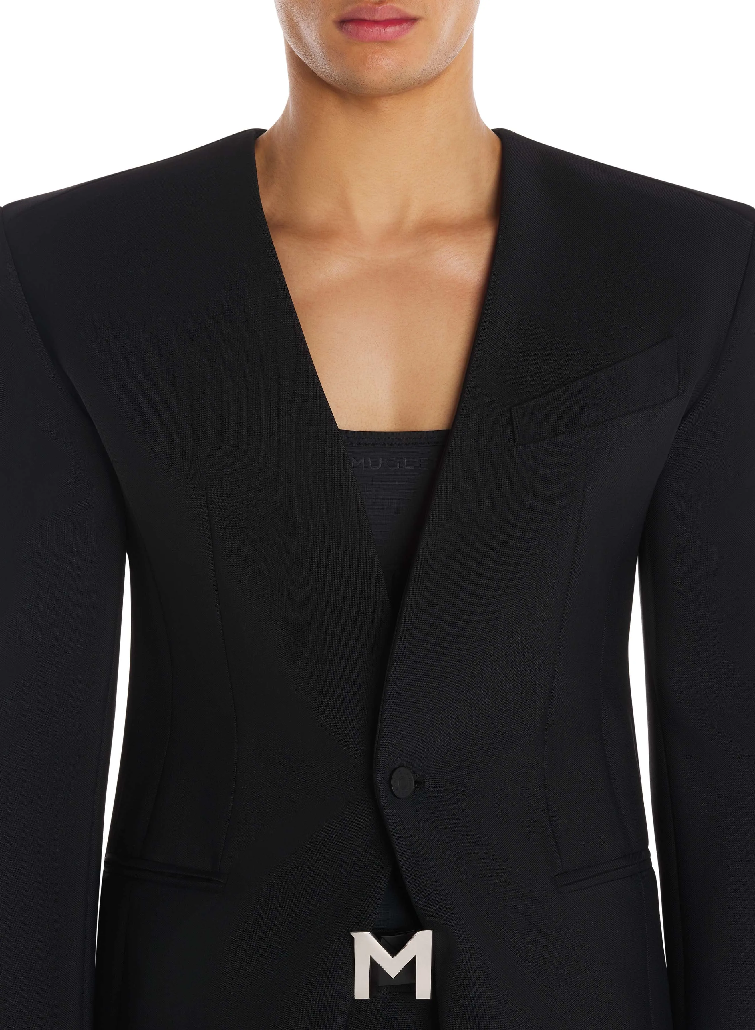 black collarless jacket