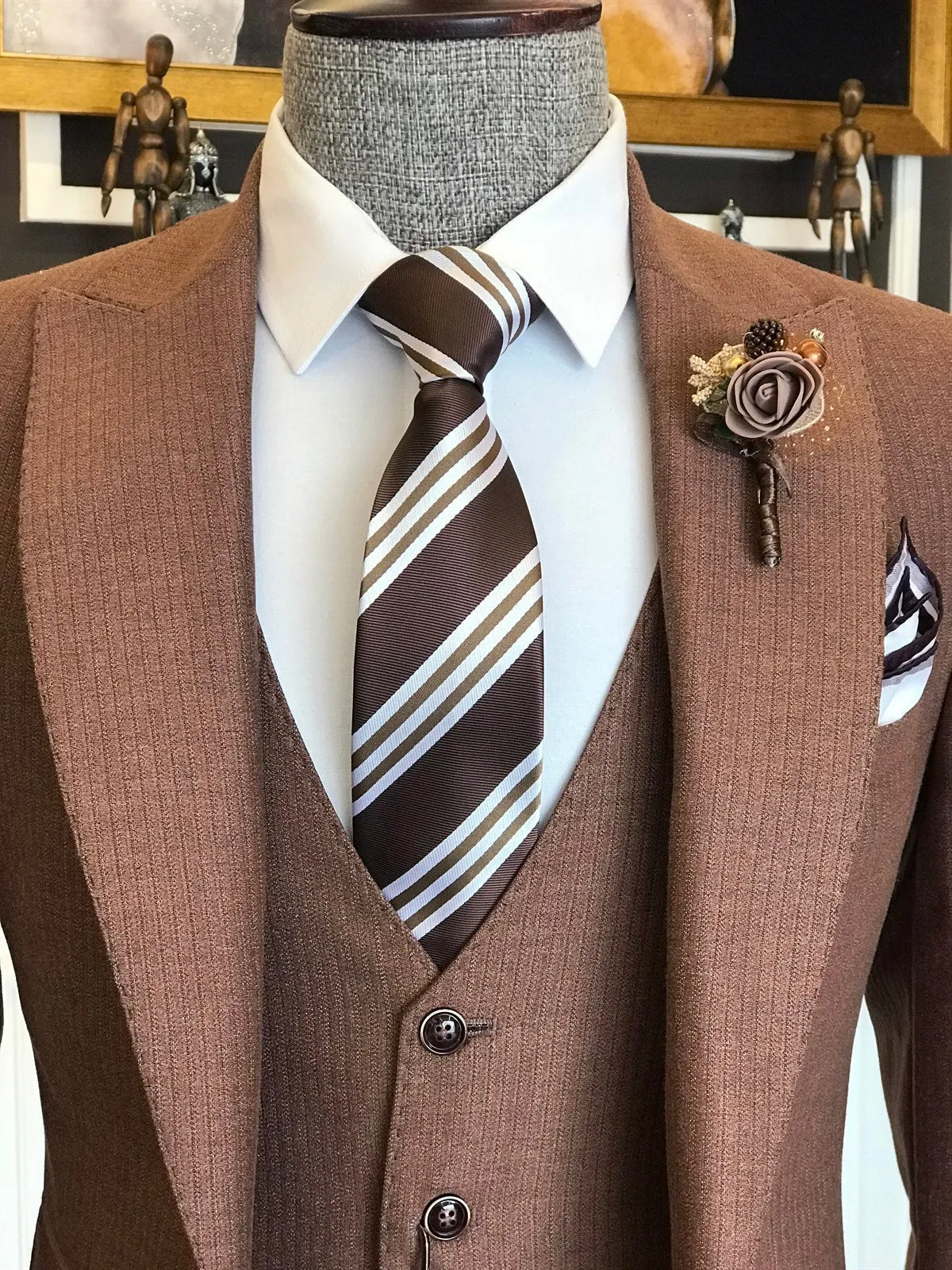 Bojoni Brown Striped Slim-Fit Suit 3-Piece