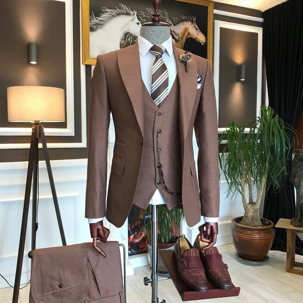 Bojoni Brown Striped Slim-Fit Suit 3-Piece