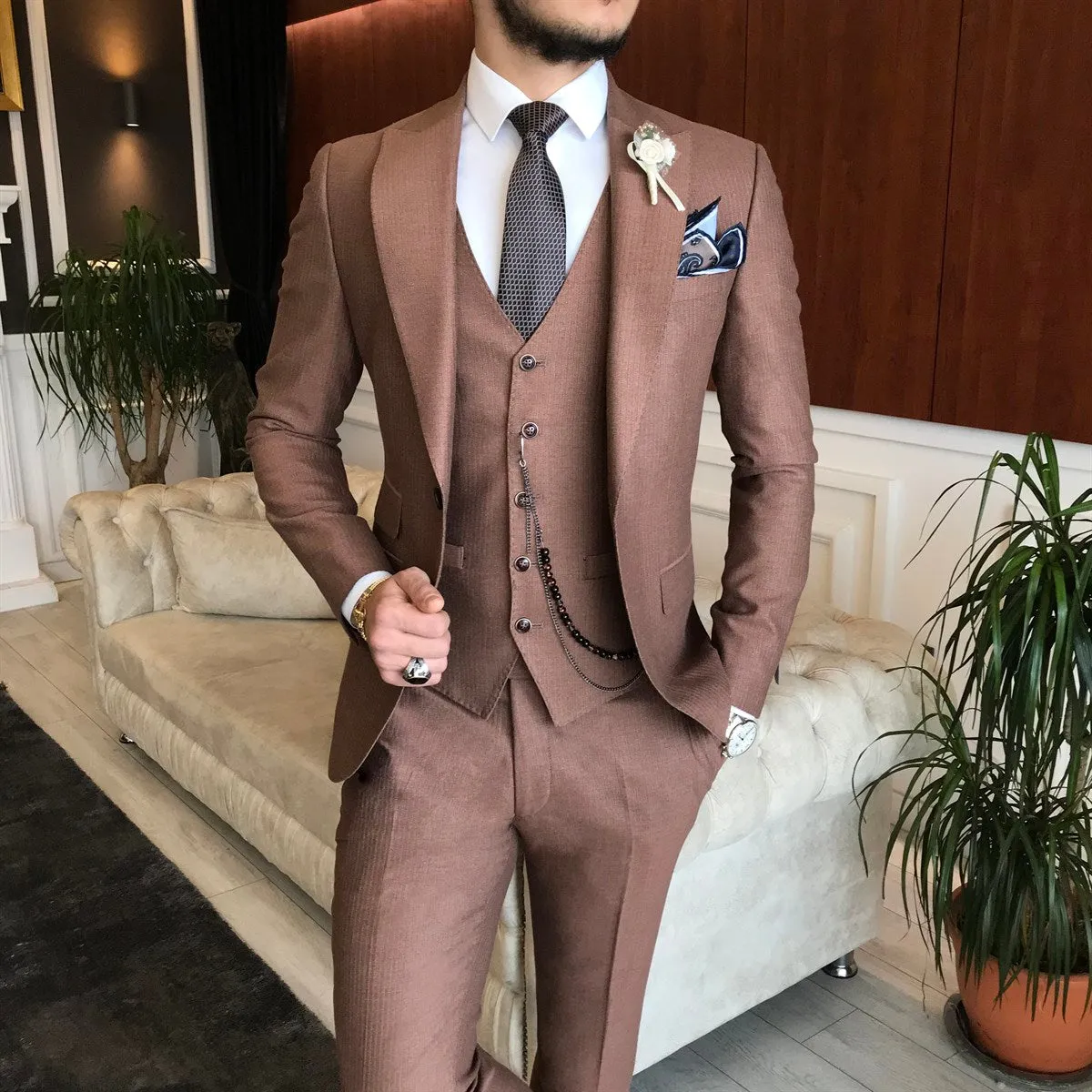 Bojoni Brown Striped Slim-Fit Suit 3-Piece