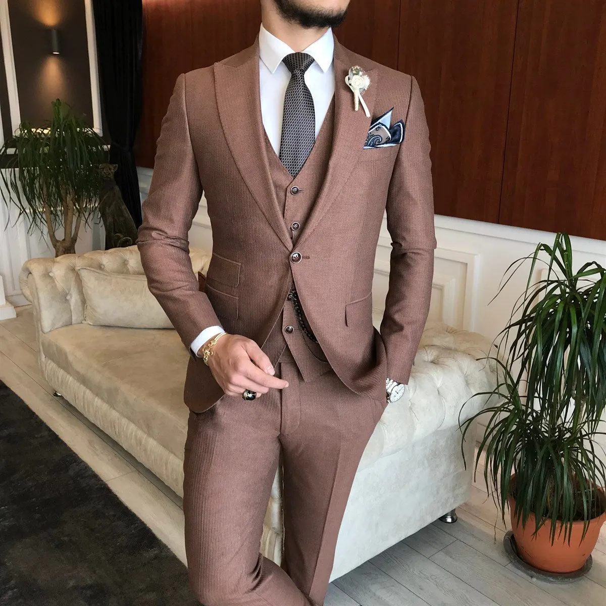 Bojoni Brown Striped Slim-Fit Suit 3-Piece