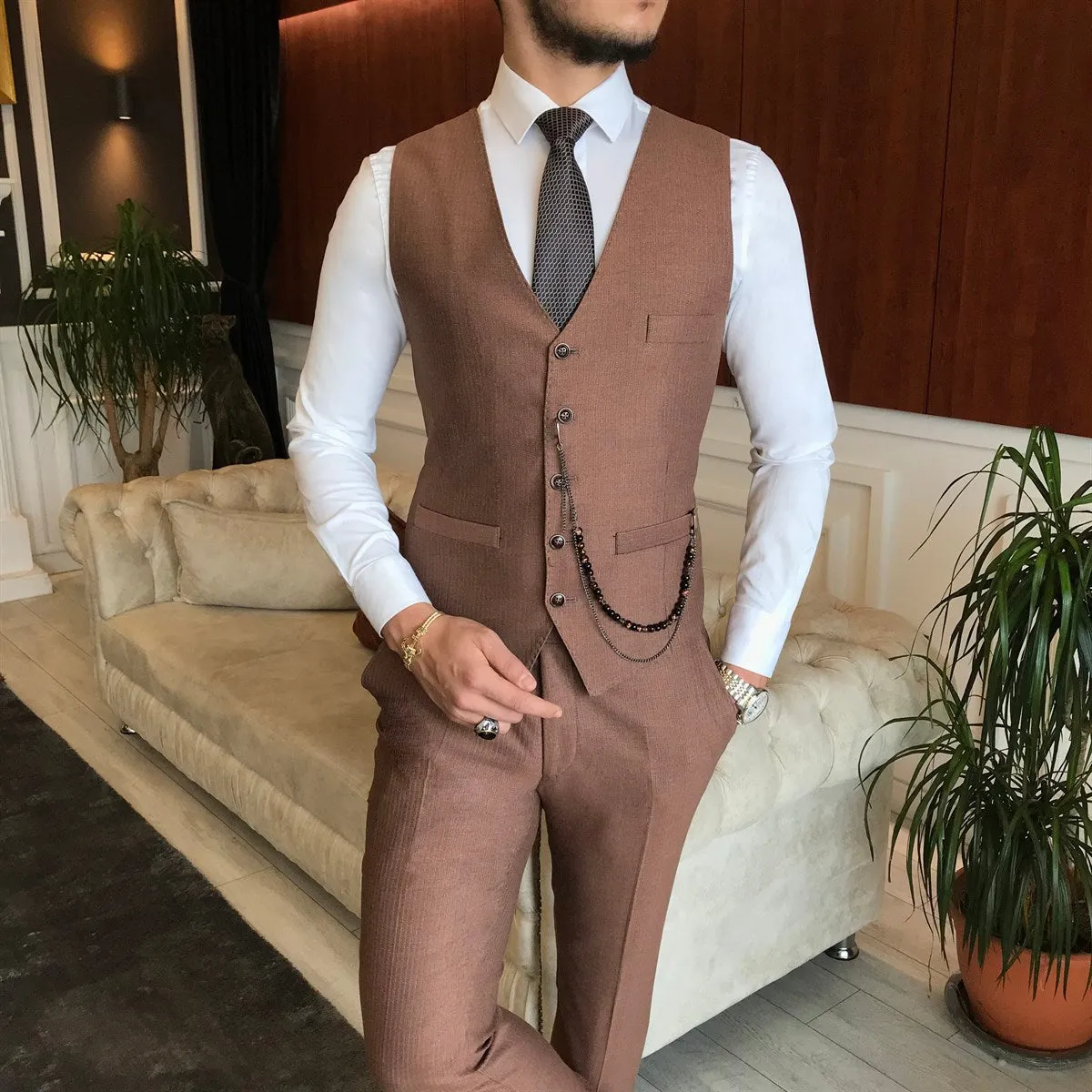 Bojoni Brown Striped Slim-Fit Suit 3-Piece