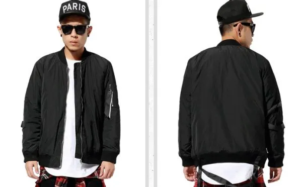 Bomber Jacket for Men with Back Straps - Black