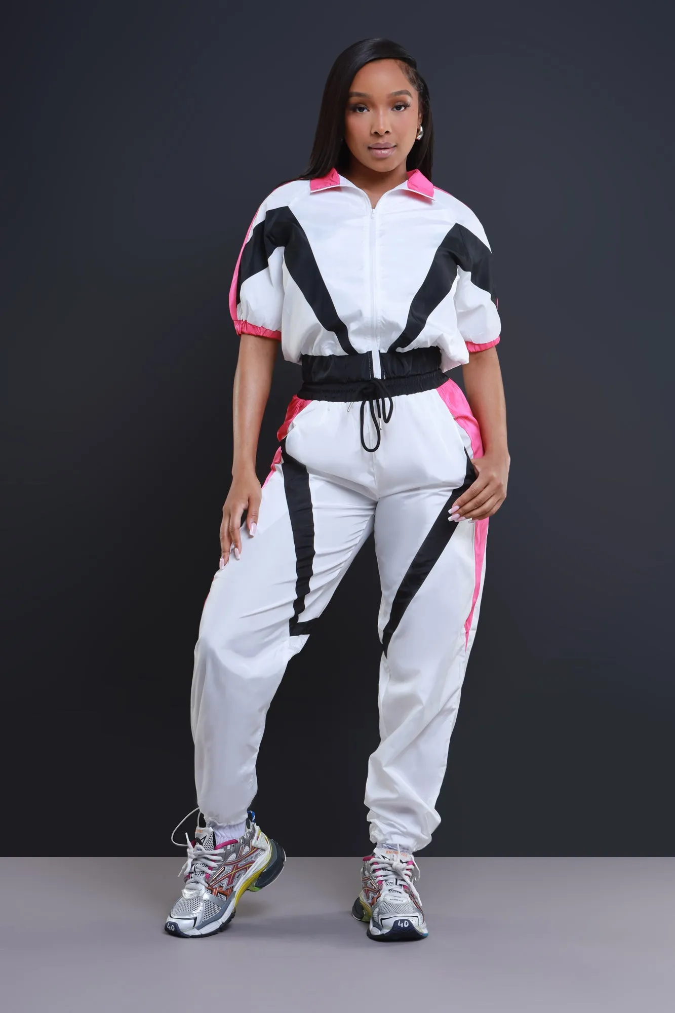 Calling For You Short Sleeve Windbreaker Jogger Set - White/Pink