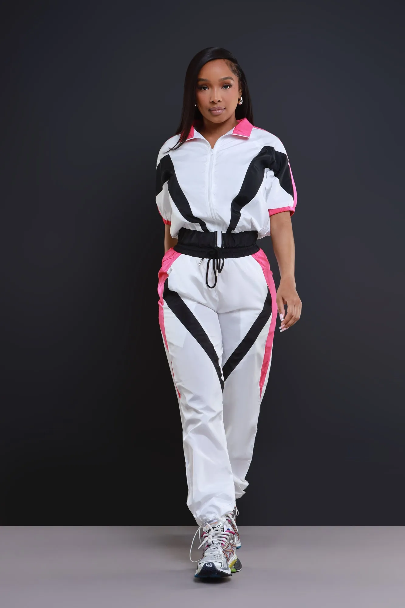 Calling For You Short Sleeve Windbreaker Jogger Set - White/Pink