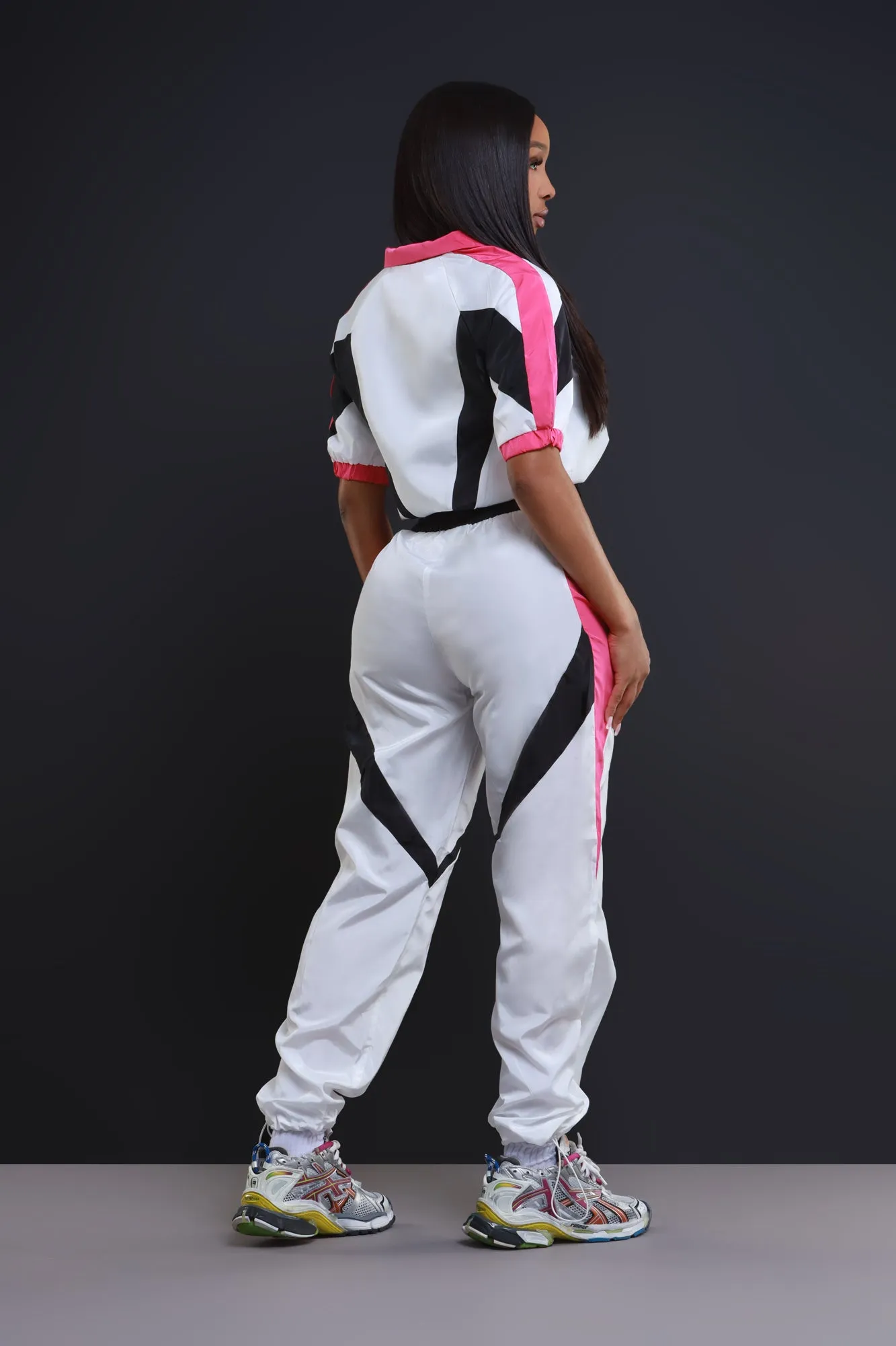 Calling For You Short Sleeve Windbreaker Jogger Set - White/Pink