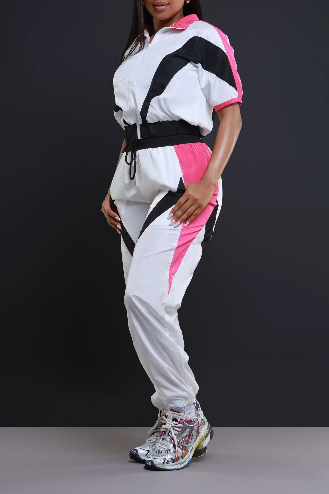 Calling For You Short Sleeve Windbreaker Jogger Set - White/Pink