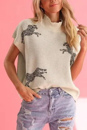 Cheetah Mock Neck Short Sleeve Knit Sweater