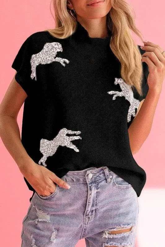 Cheetah Mock Neck Short Sleeve Knit Sweater