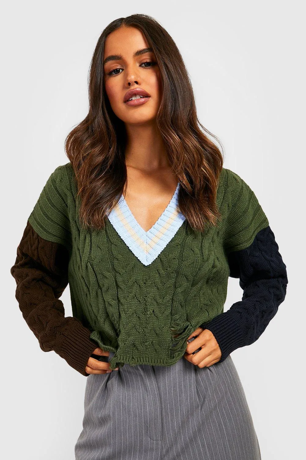 Color Block Cable Knit Crop Cricket Sweater