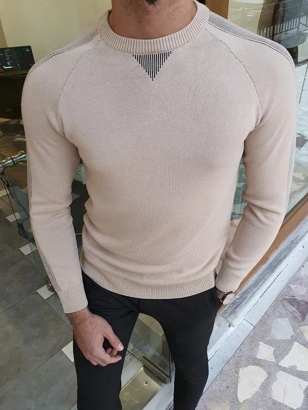 Elko Beige Slim Fit Crew Neck Sweater