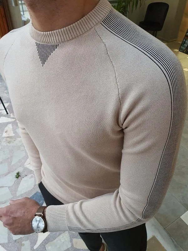 Elko Beige Slim Fit Crew Neck Sweater