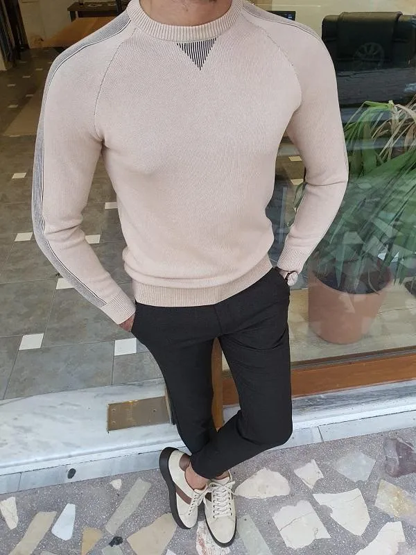 Elko Beige Slim Fit Crew Neck Sweater