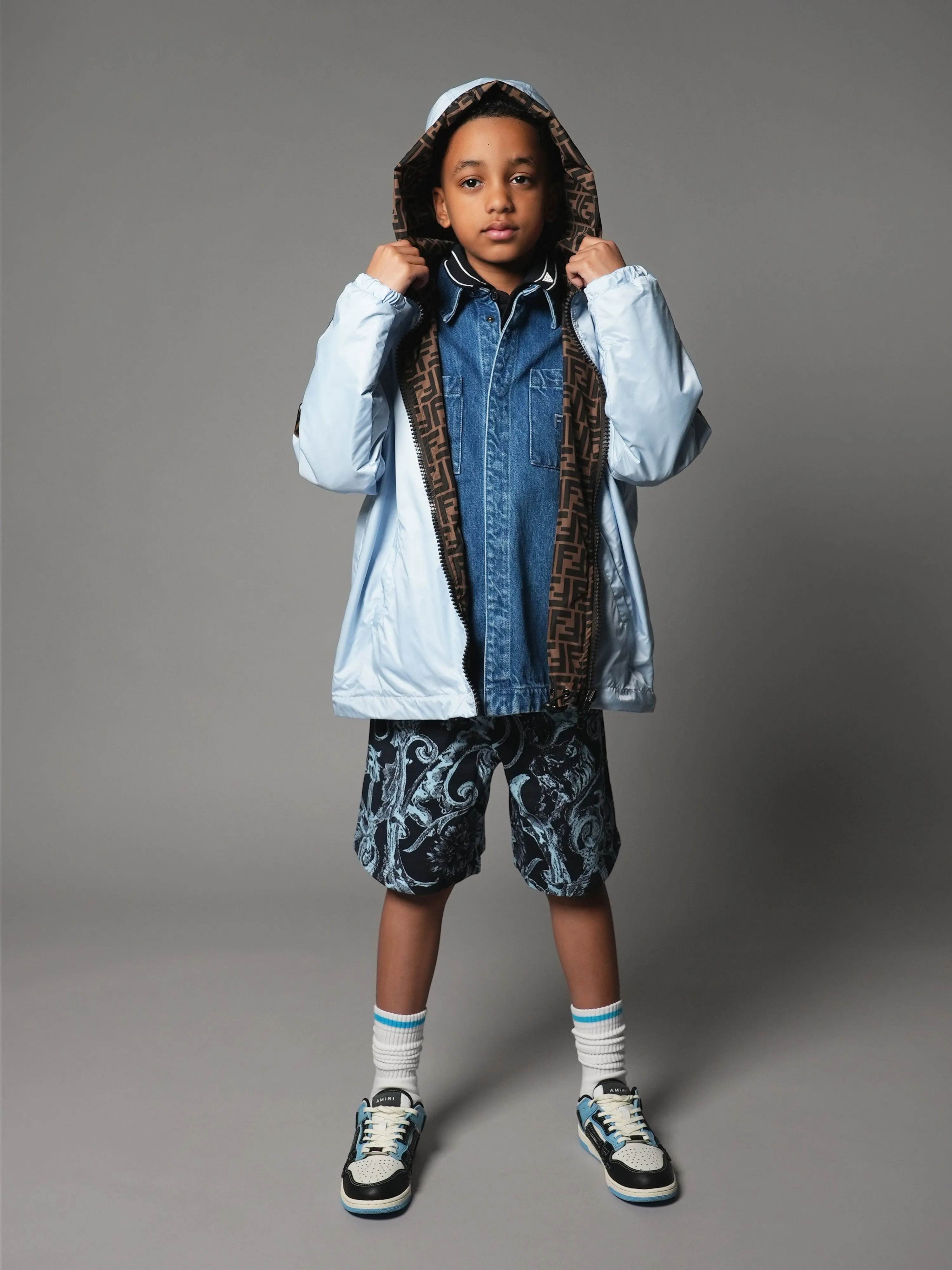 Fendi Kids FF Logo Reversible Windbreaker in Blue