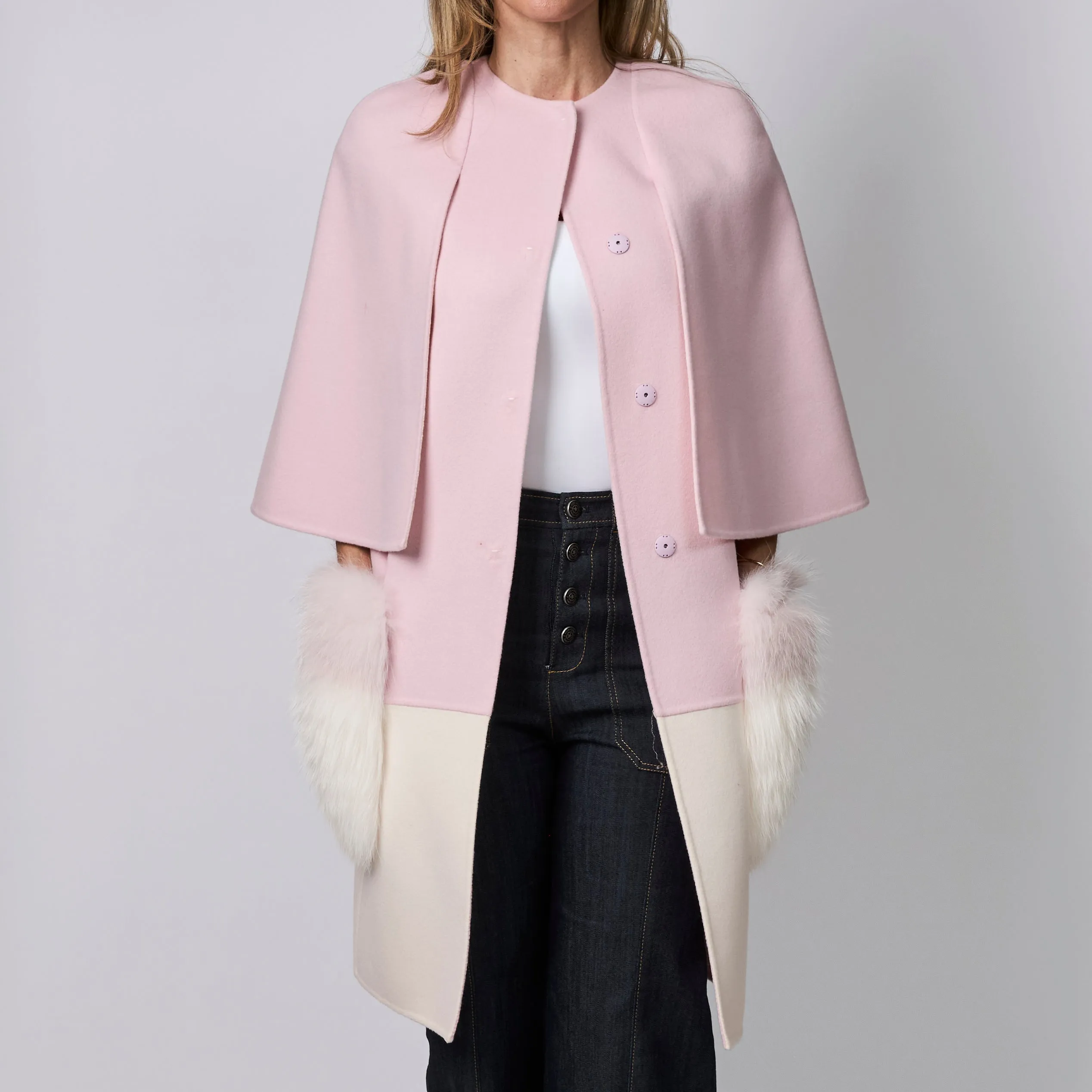 Fendi Pastel Pink & White Wool Cape Coat Size 36