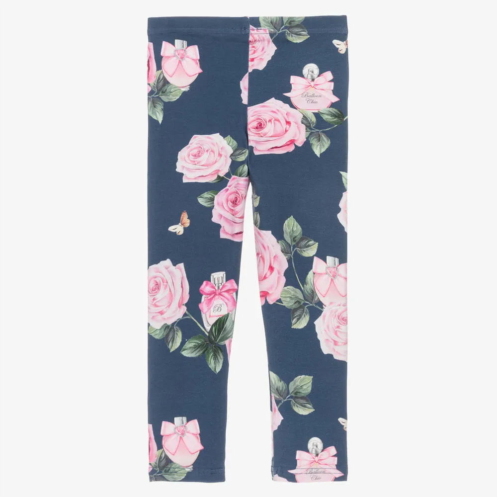 Girls Blue Cotton Rose Print Leggings