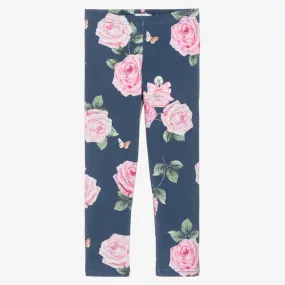 Girls Blue Cotton Rose Print Leggings