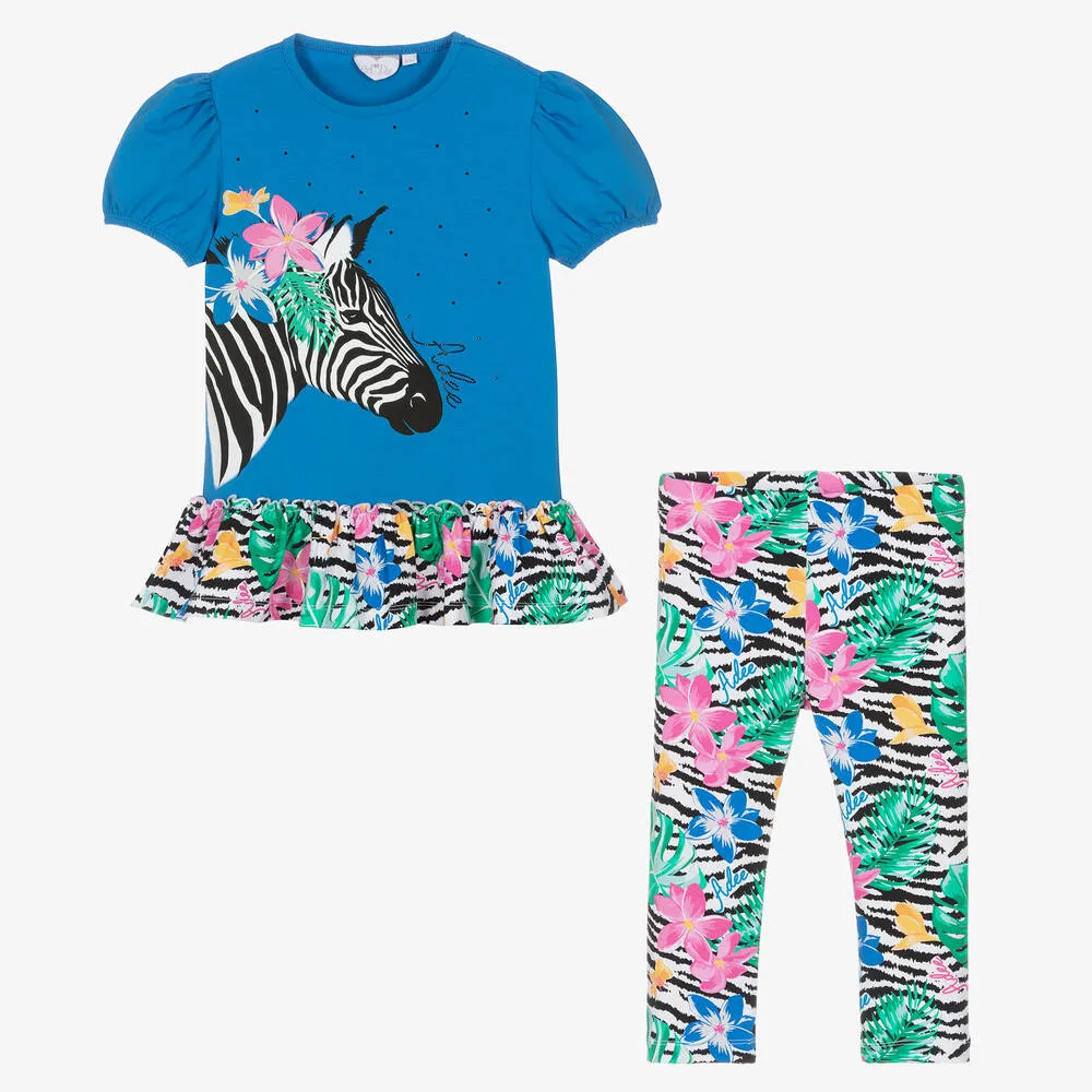 Girls Blue Tropical Print Leggings Set