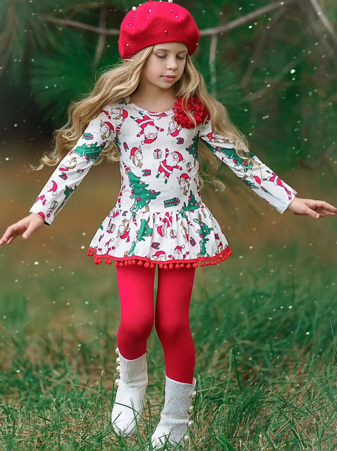 Girls Printed Long Sleeve Ruffled Pom Pom Hem Tunic And Red Legging Set