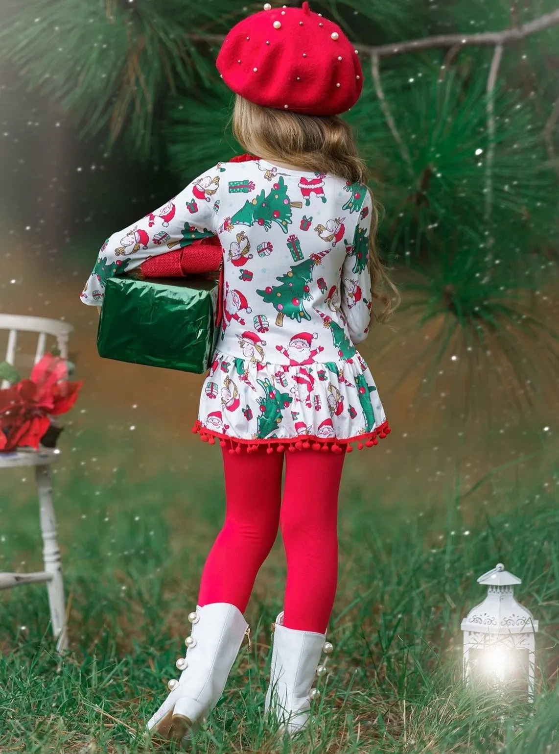 Girls Printed Long Sleeve Ruffled Pom Pom Hem Tunic And Red Legging Set