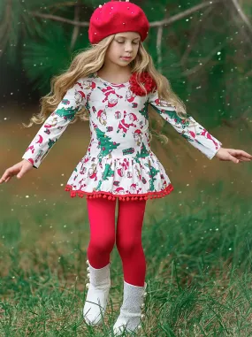 Girls Printed Long Sleeve Ruffled Pom Pom Hem Tunic And Red Legging Set