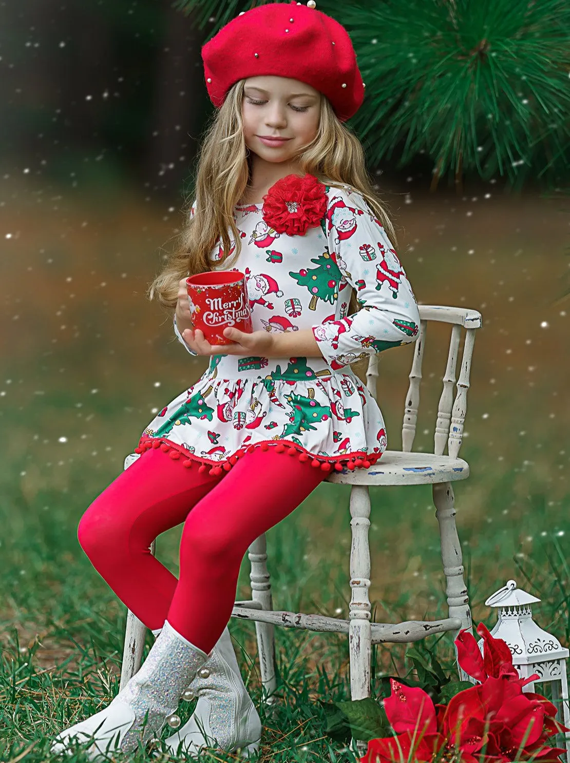 Girls Printed Long Sleeve Ruffled Pom Pom Hem Tunic And Red Legging Set