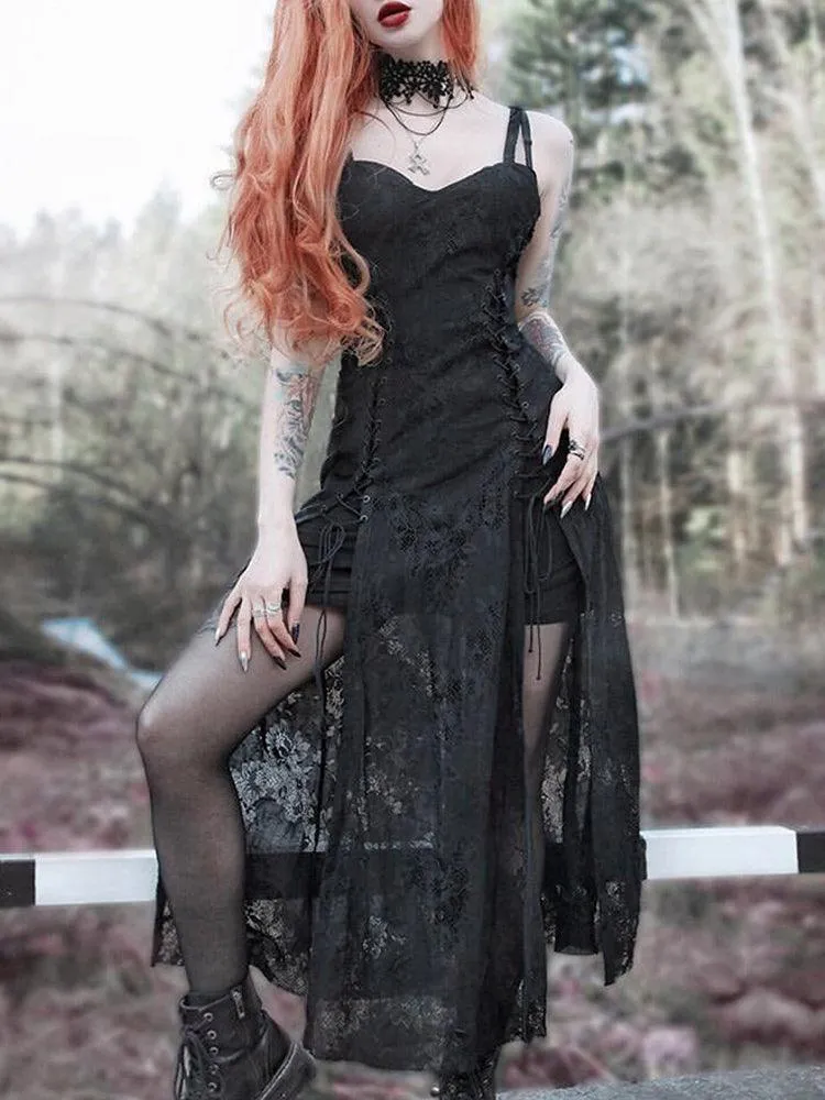 Goth Dark Split Mall Gothic Lace Sexy Bandage Midi Dress