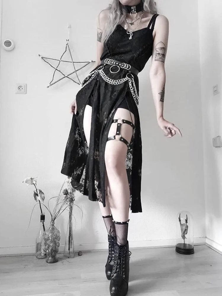 Goth Dark Split Mall Gothic Lace Sexy Bandage Midi Dress