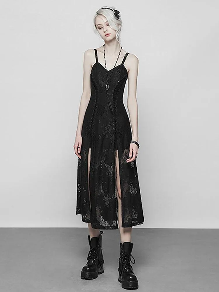 Goth Dark Split Mall Gothic Lace Sexy Bandage Midi Dress