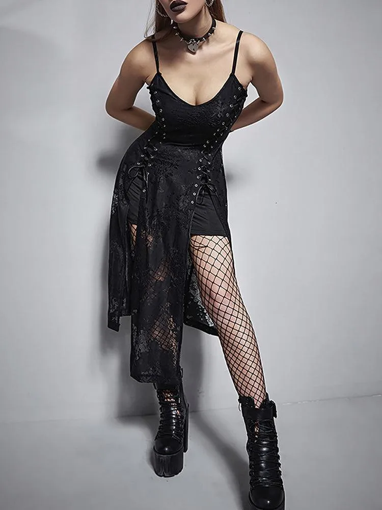 Goth Dark Split Mall Gothic Lace Sexy Bandage Midi Dress