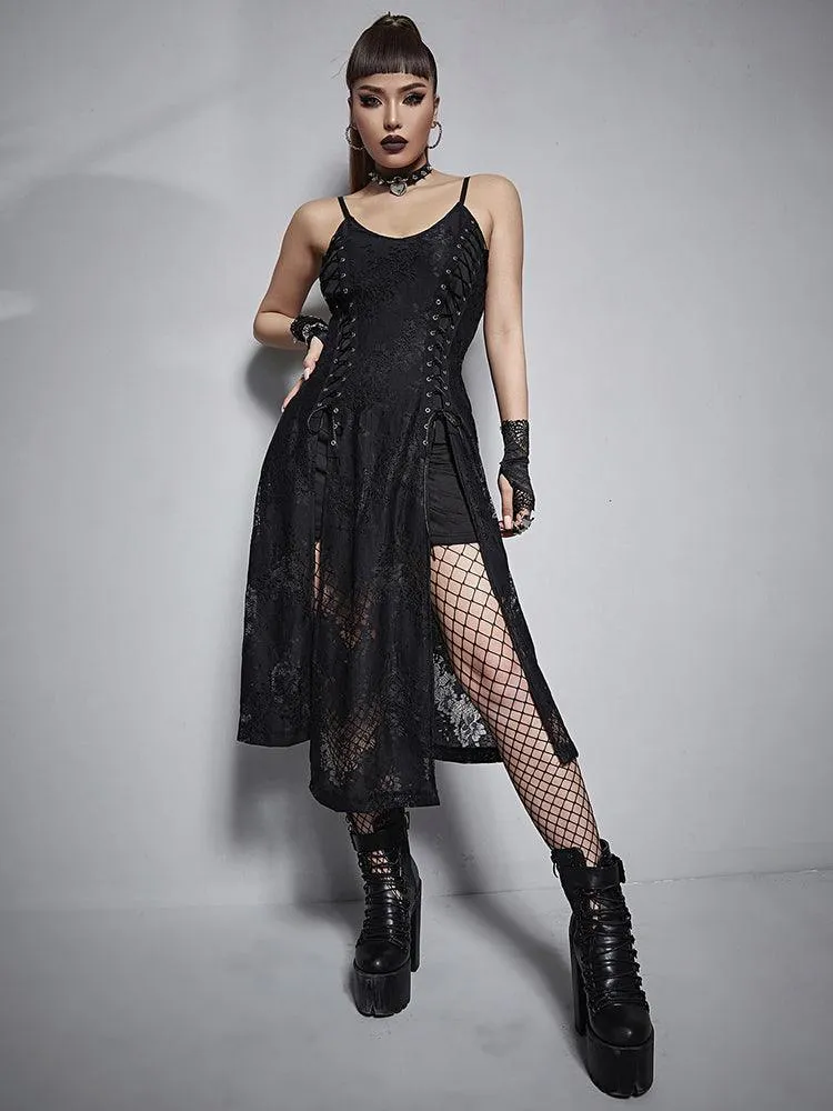 Goth Dark Split Mall Gothic Lace Sexy Bandage Midi Dress