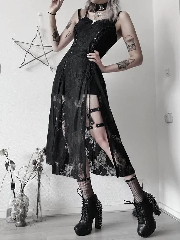 Goth Dark Split Mall Gothic Lace Sexy Bandage Midi Dress