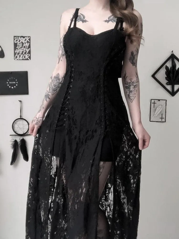 Goth Dark Split Mall Gothic Lace Sexy Bandage Midi Dress