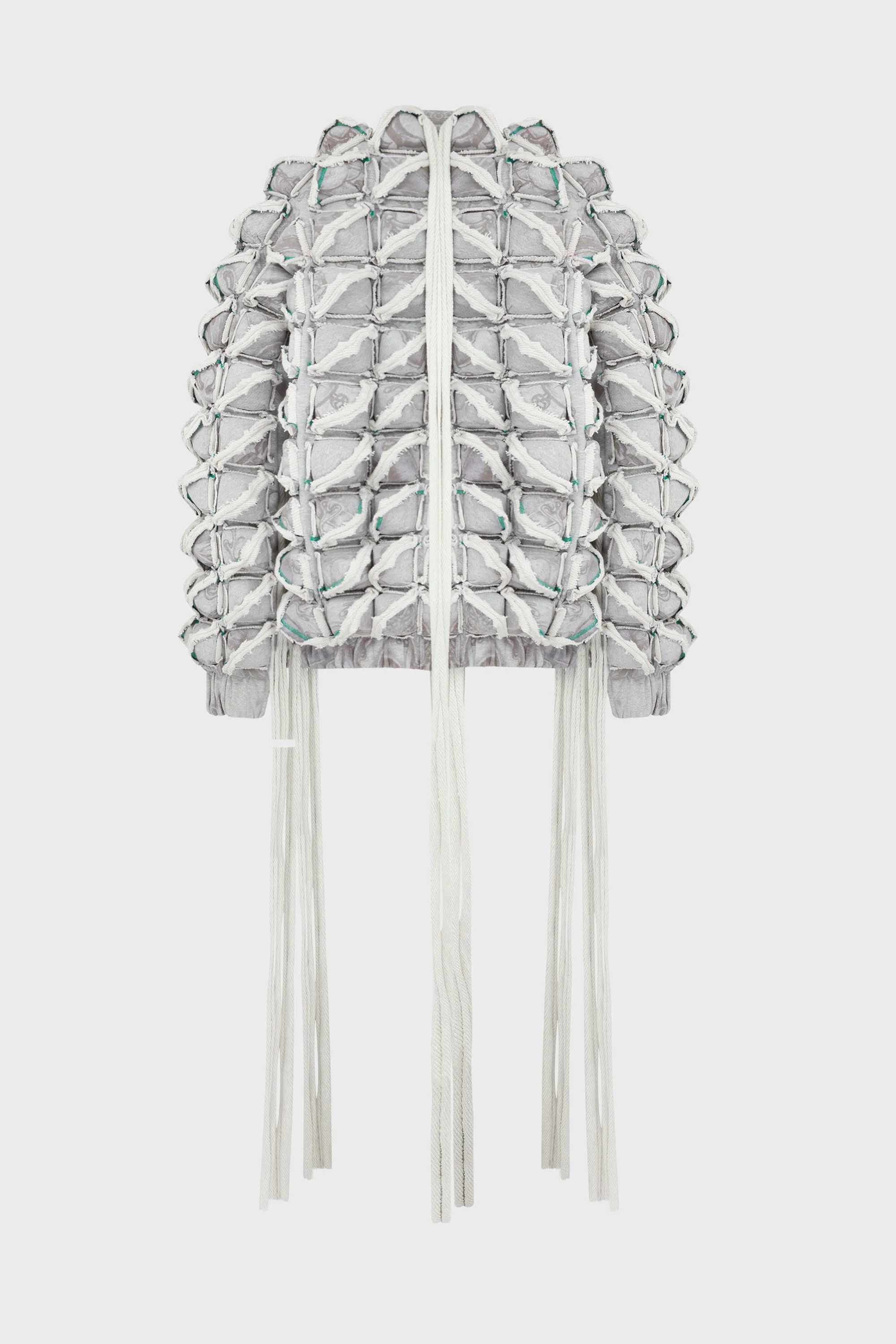 GREY GRAPHIC SPIKED DEFENCE COAT WITH FRINGING