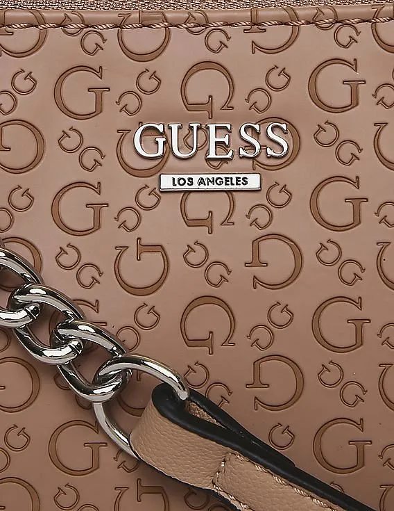 GUESS Women Brown Debossed Campos Mini Double Zip Crossbody Sling Bag