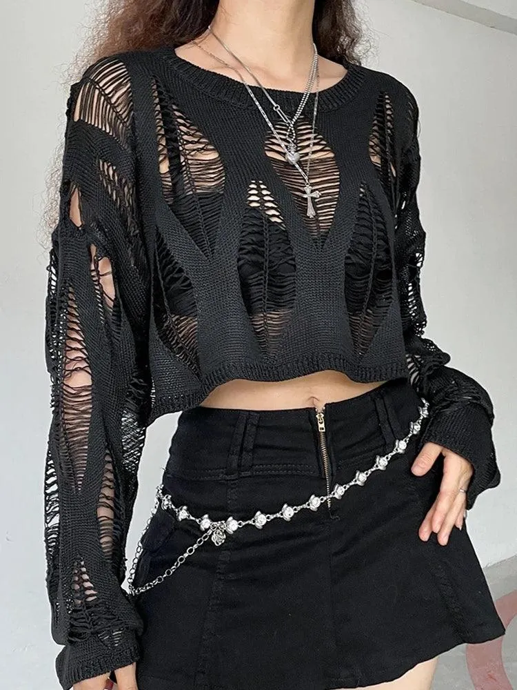 Hollow Out Knitted Blouse Long Sleeve Gothic Top