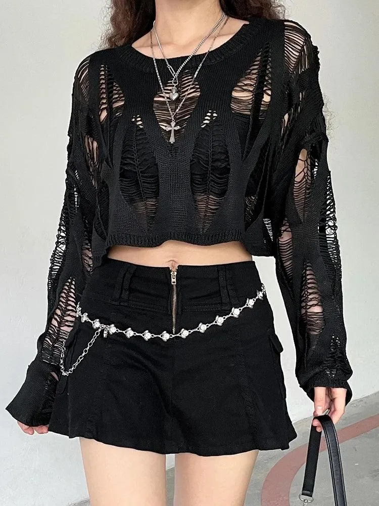 Hollow Out Knitted Blouse Long Sleeve Gothic Top