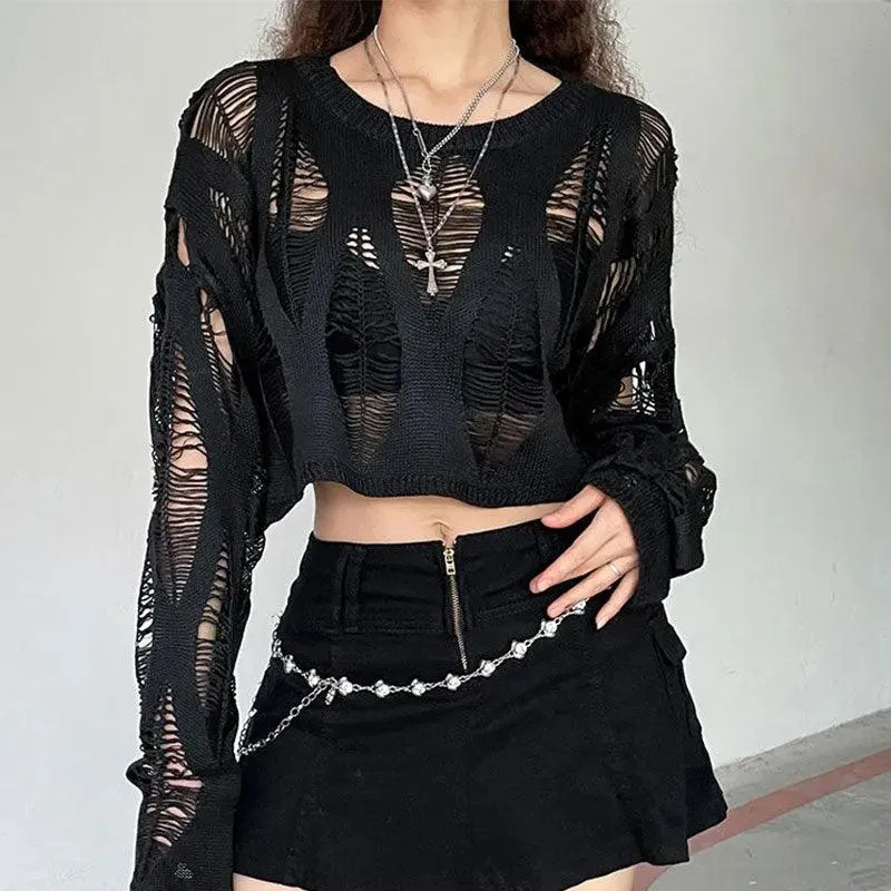 Hollow Out Knitted Blouse Long Sleeve Gothic Top