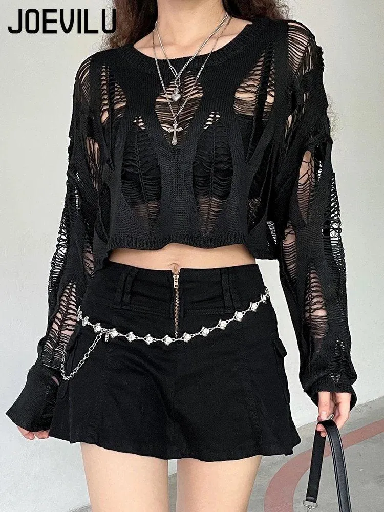 Hollow Out Knitted Blouse Long Sleeve Gothic Top