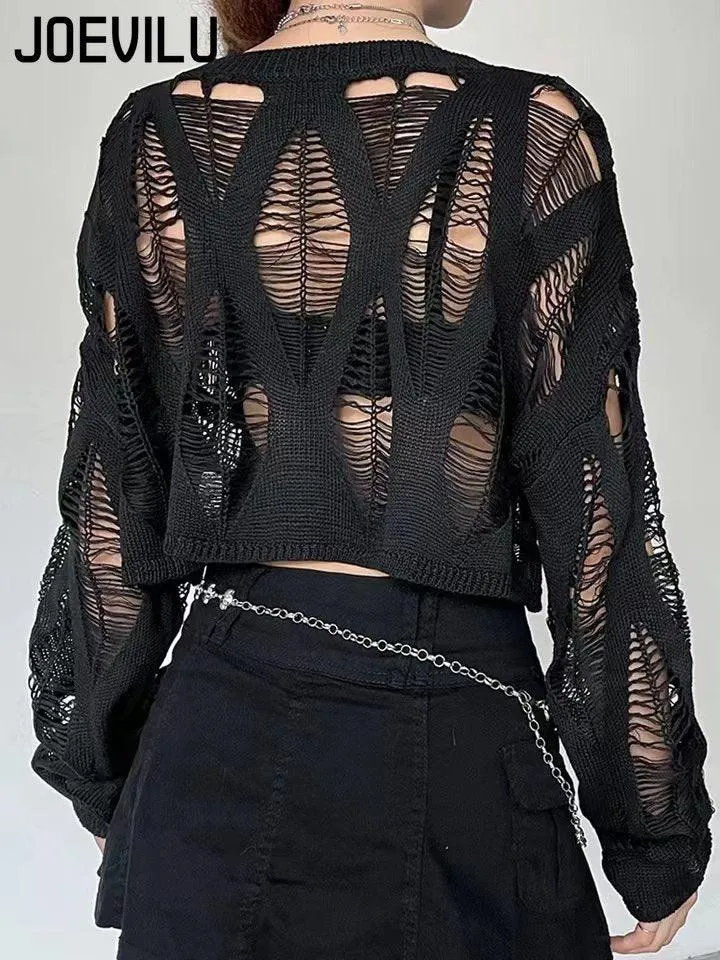 Hollow Out Knitted Blouse Long Sleeve Gothic Top