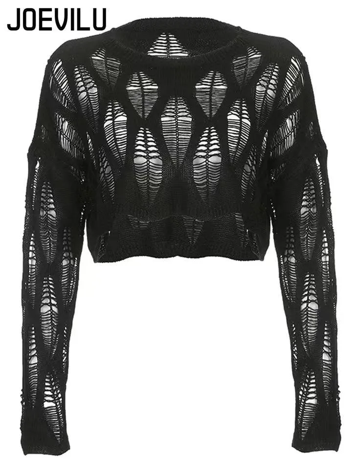 Hollow Out Knitted Blouse Long Sleeve Gothic Top