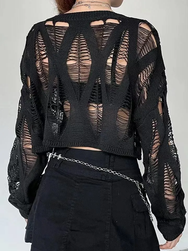 Hollow Out Knitted Blouse Long Sleeve Gothic Top