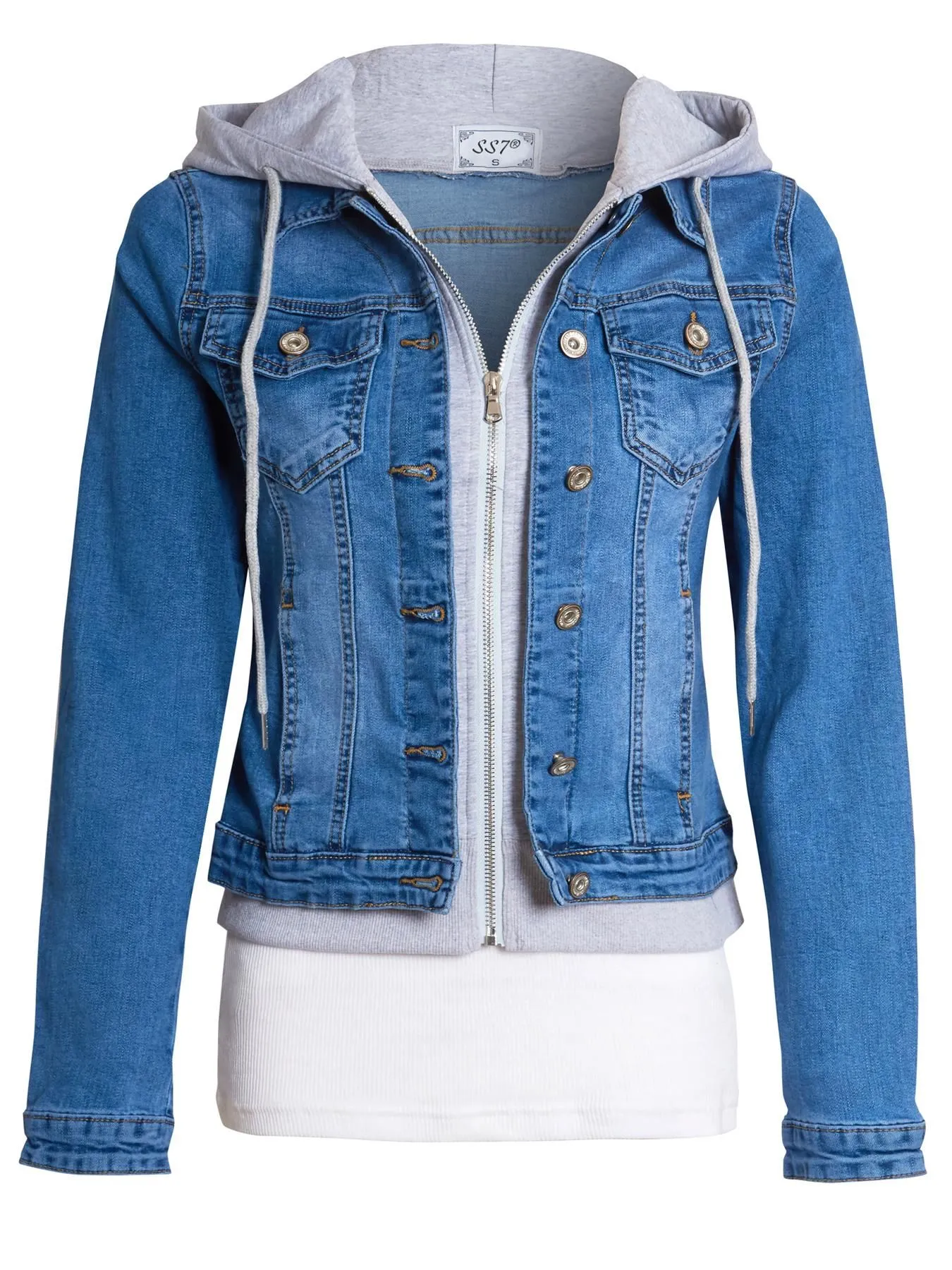 Jersey Hood Denim Jacket, Mid Blue, UK sizes 8 to 16