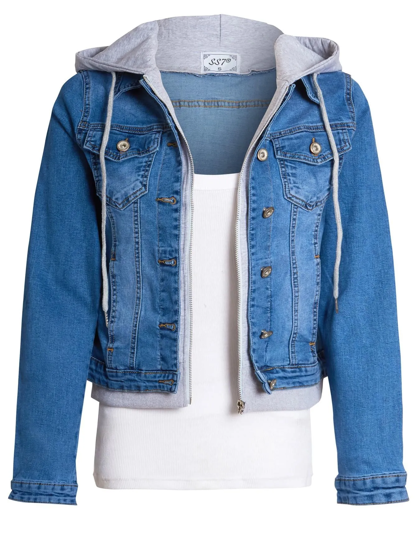 Jersey Hood Denim Jacket, Mid Blue, UK sizes 8 to 16