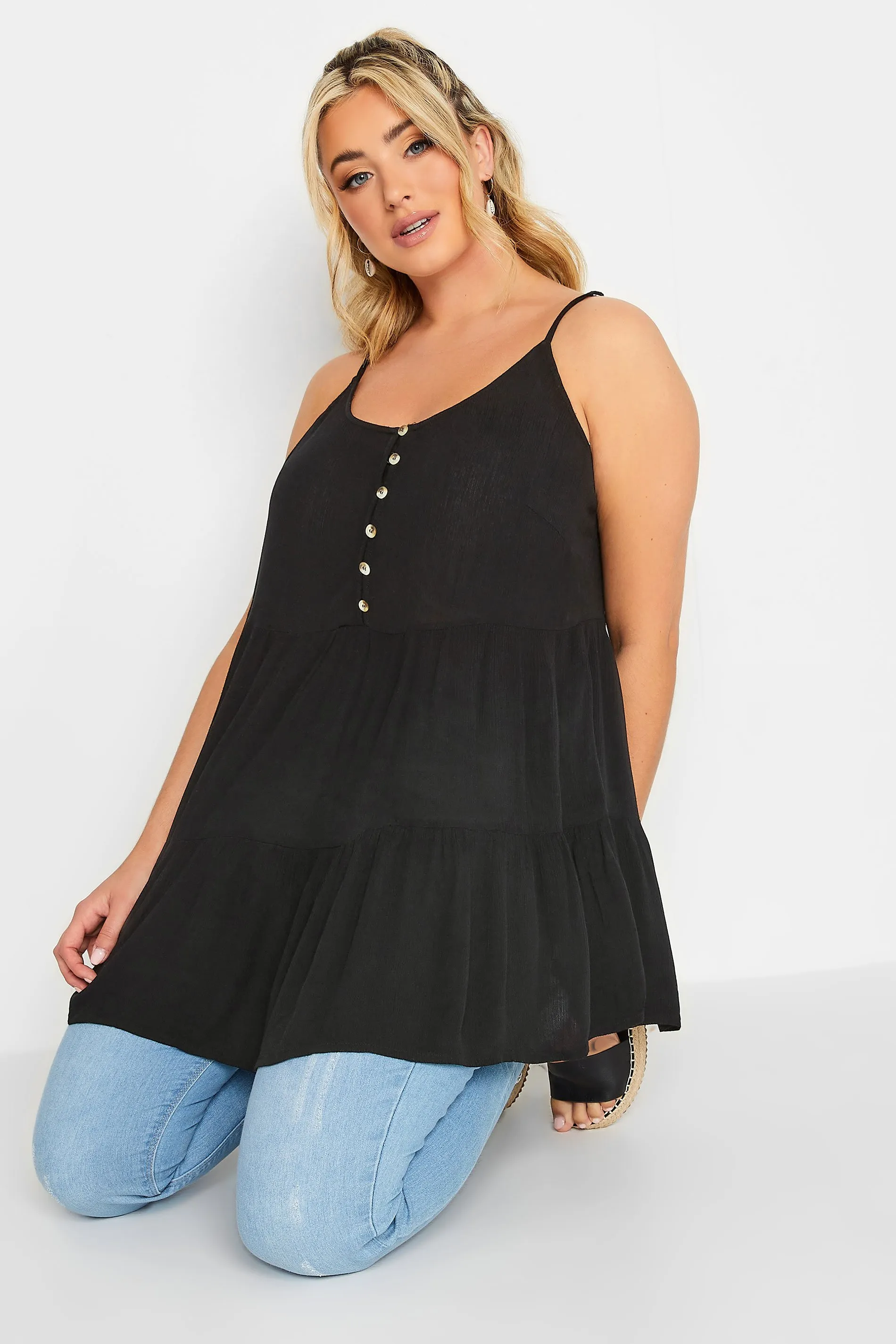 LIMITED COLLECTION Curve Black Crinkle Tiered Swing Vest Top