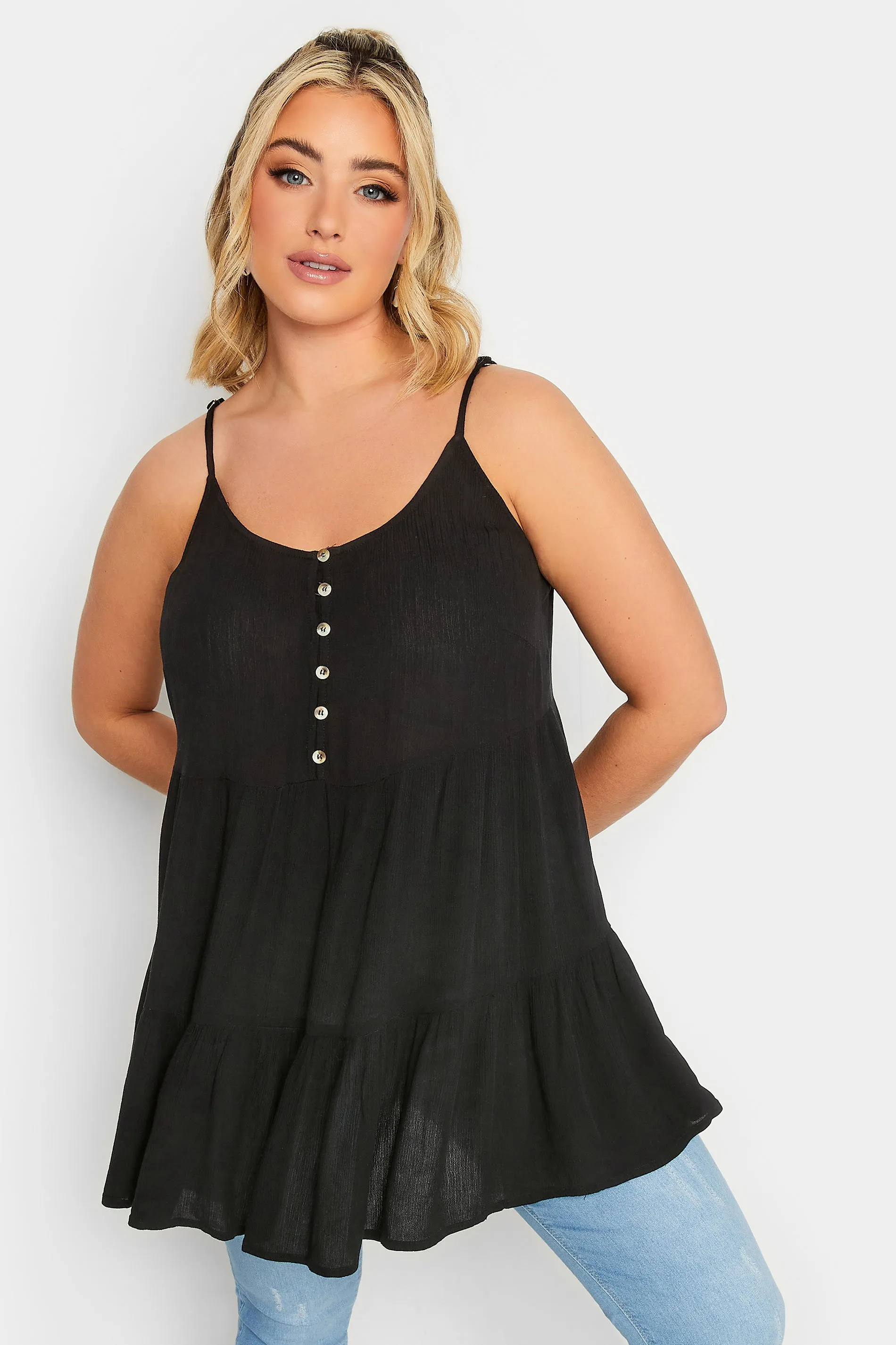 LIMITED COLLECTION Curve Black Crinkle Tiered Swing Vest Top