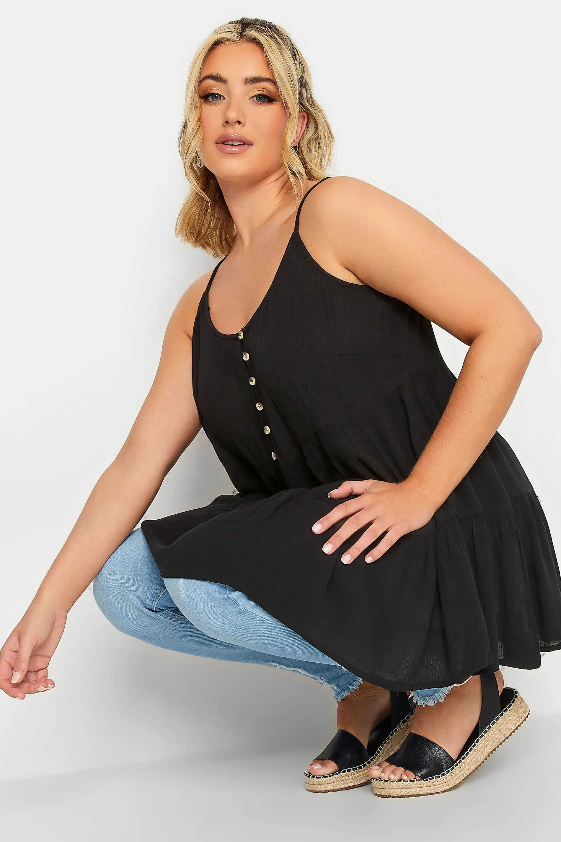 LIMITED COLLECTION Curve Black Crinkle Tiered Swing Vest Top